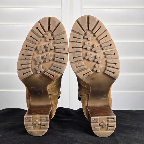 Preloved Tory Burch Sofia Logo Ring High Heel Ankle Suede Leather Booties Brown - Picture 10 of 12